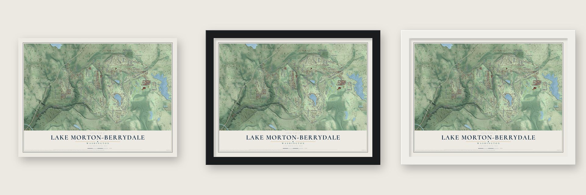 Lake Morton-Berrydale, Washington map unframed, in a black wood frame and in a white wood frame