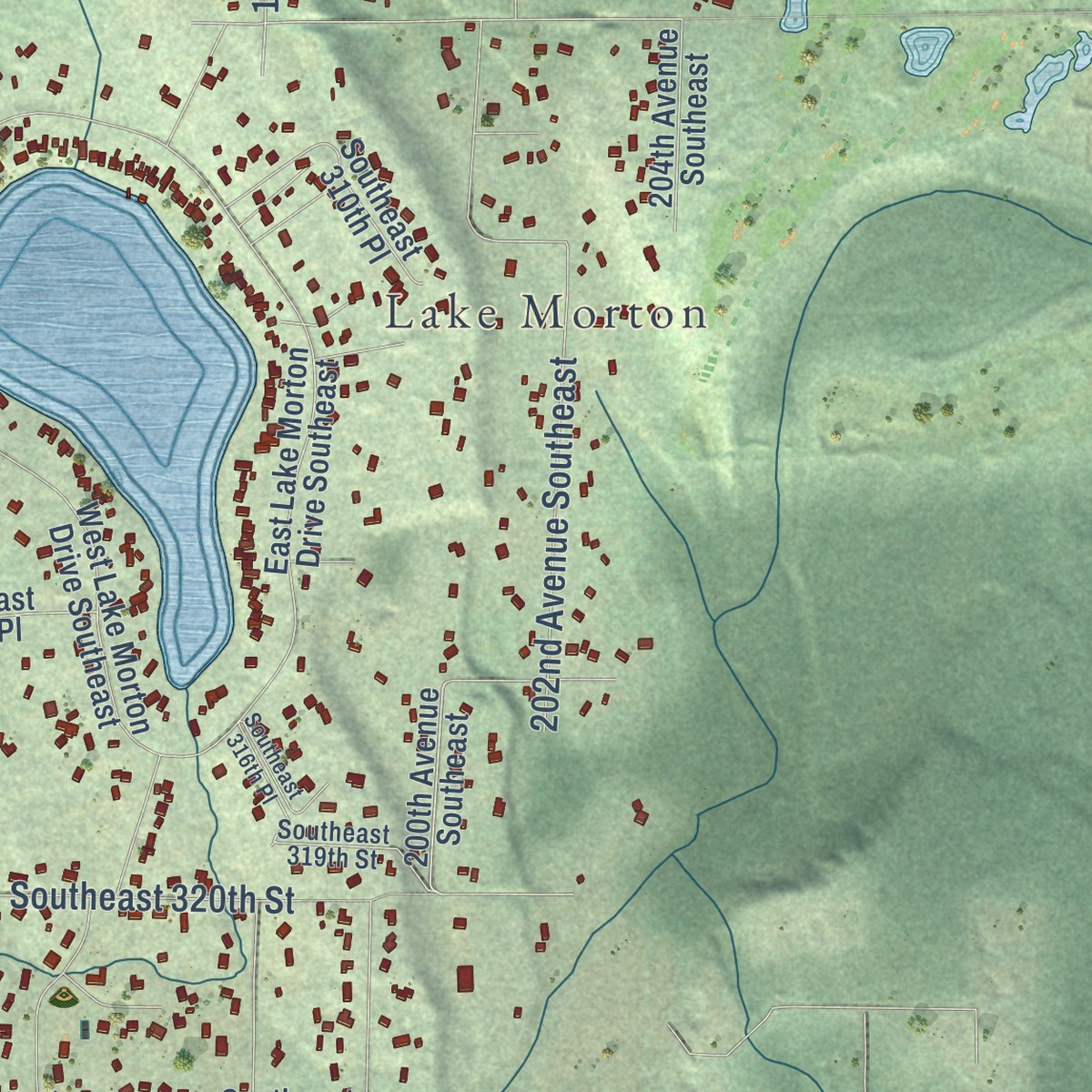 Second close-up of the map of Lake Morton-Berrydale, Washington print showing more streets and buildings