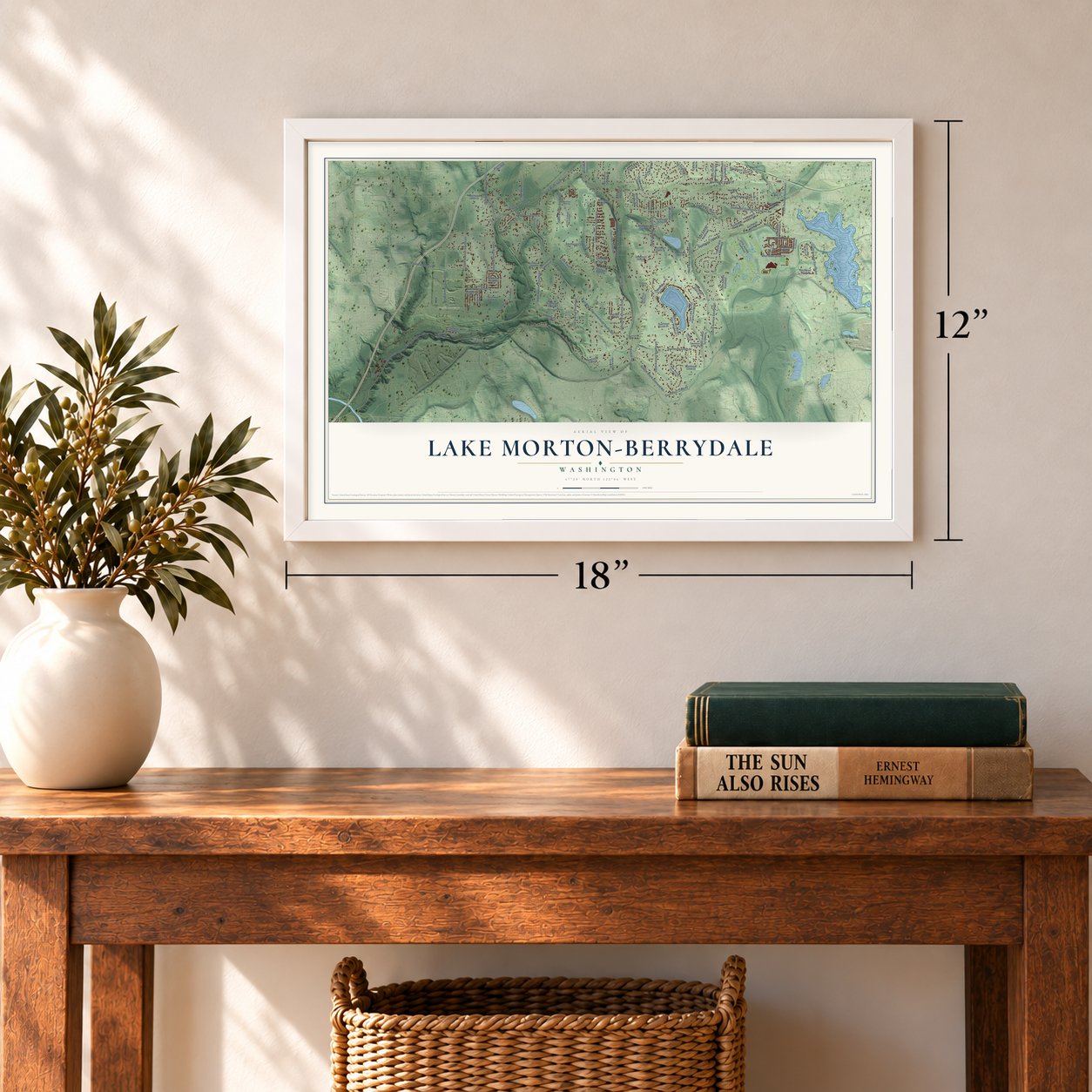 Lake Morton-Berrydale, Washington map, 12 x 18 inch print in a white frame in an entryway