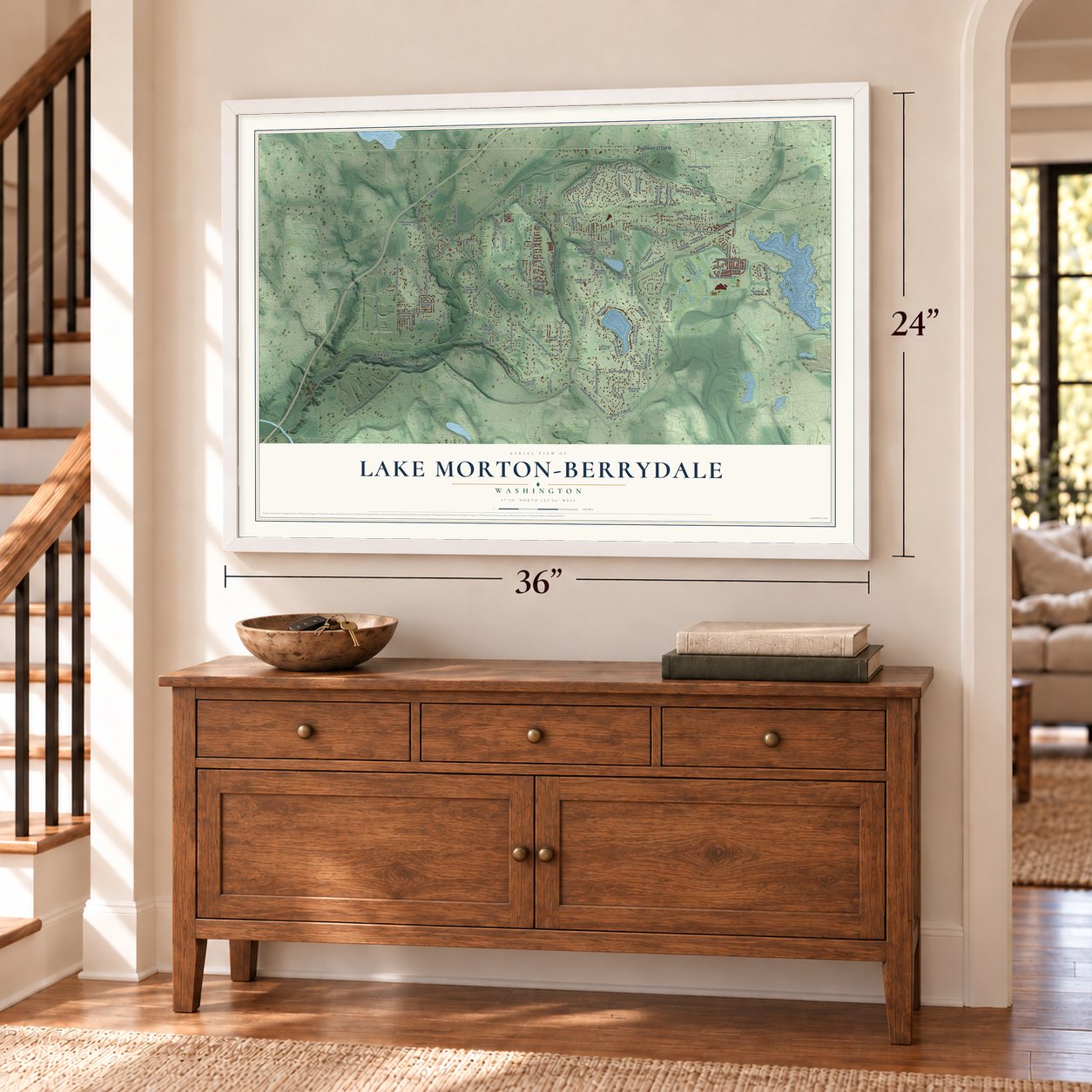 Lake Morton-Berrydale, Washington map, 24 x 36 inch print in a white frame above a dresser by a staircase