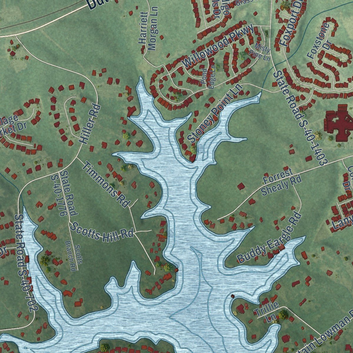 Second close-up of the map of Lake Murray of Richland, South Carolina print showing more streets and buildings