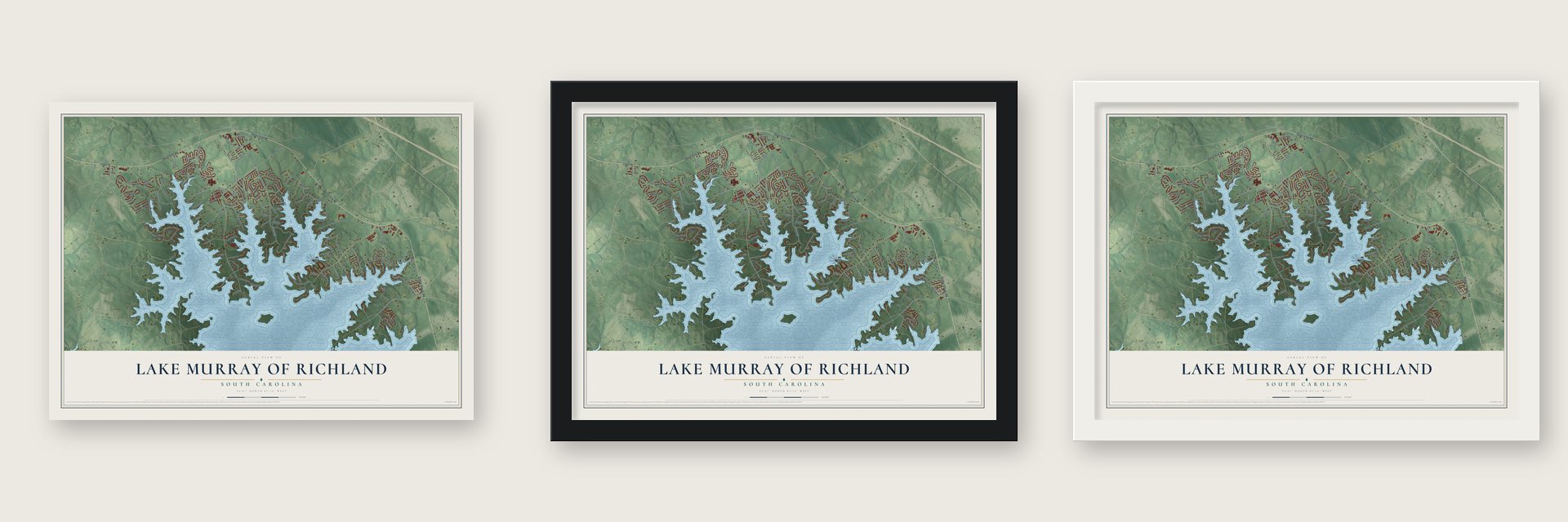 Lake Murray of Richland, South Carolina map unframed, in a black wood frame and in a white wood frame