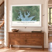 Lake Murray of Richland, South Carolina map, 24 x 36 inch print in a white frame above a dresser by a staircase