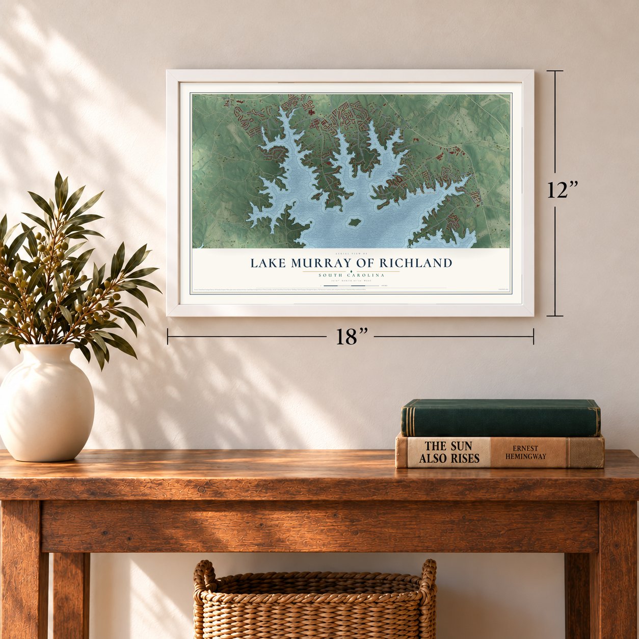 Lake Murray of Richland, South Carolina map, 12 x 18 inch print in a white frame in an entryway