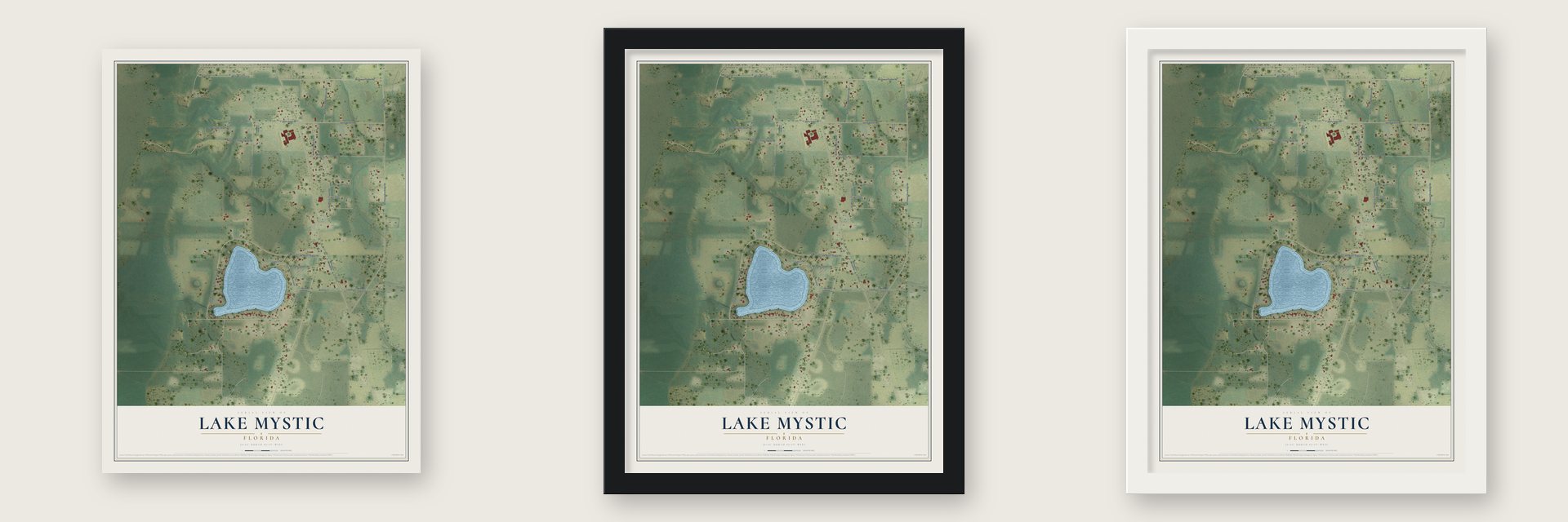Lake Mystic, Florida map unframed, in a black wood frame and in a white wood frame
