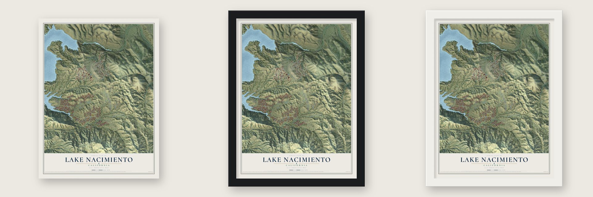 Lake Nacimiento, California map unframed, in a black wood frame and in a white wood frame
