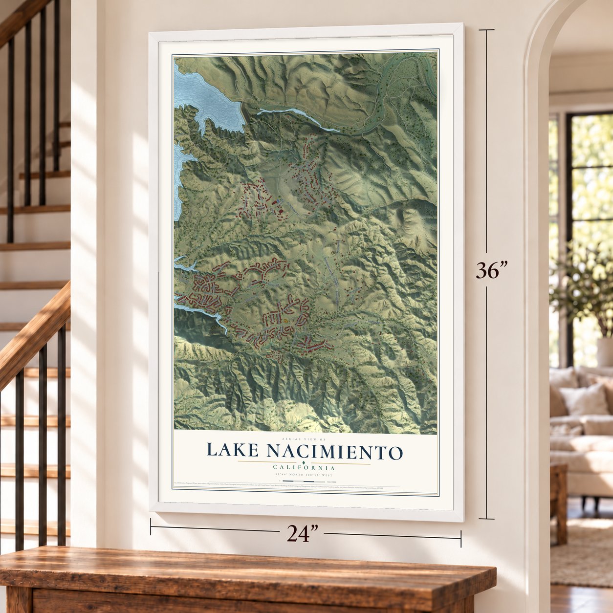 Lake Nacimiento, California map, 24 x 36 inch print in a white frame by a staircase