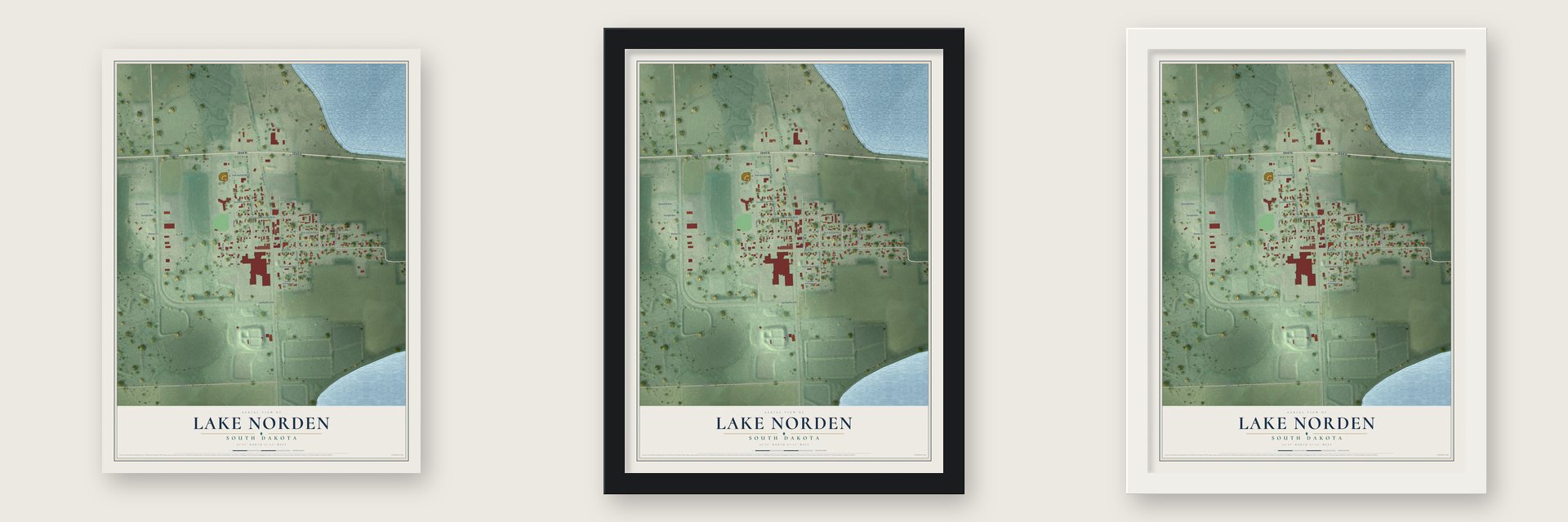 Lake Norden, South Dakota map unframed, in a black wood frame and in a white wood frame