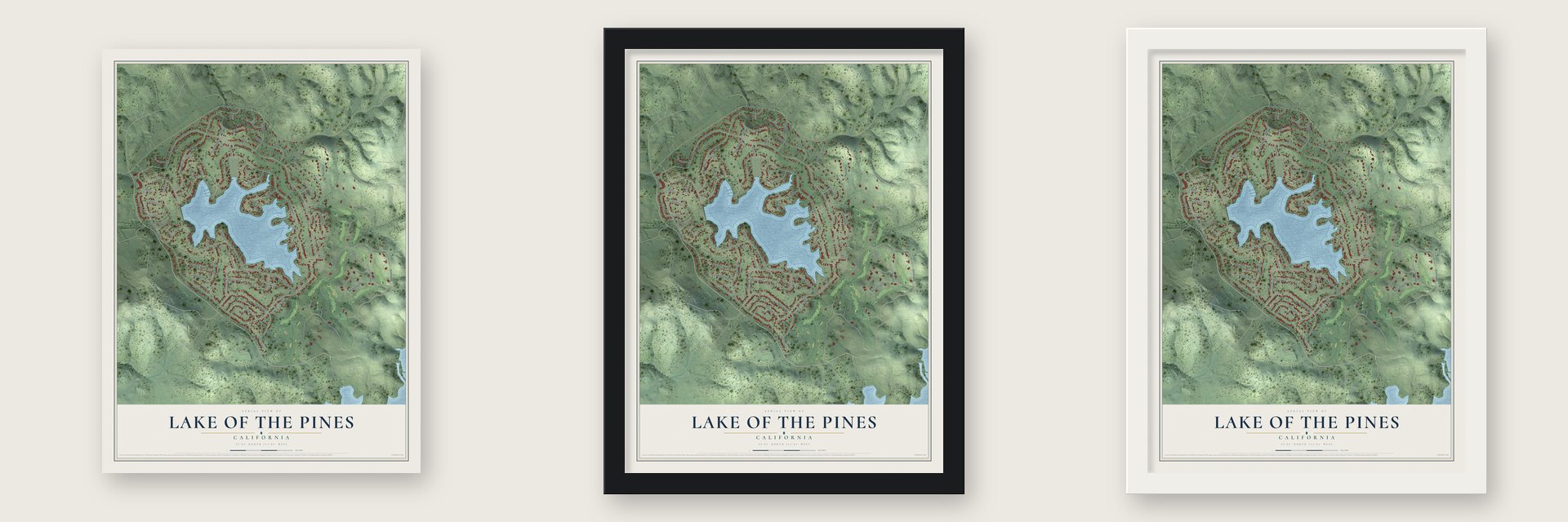 Lake of the Pines, California map unframed, in a black wood frame and in a white wood frame