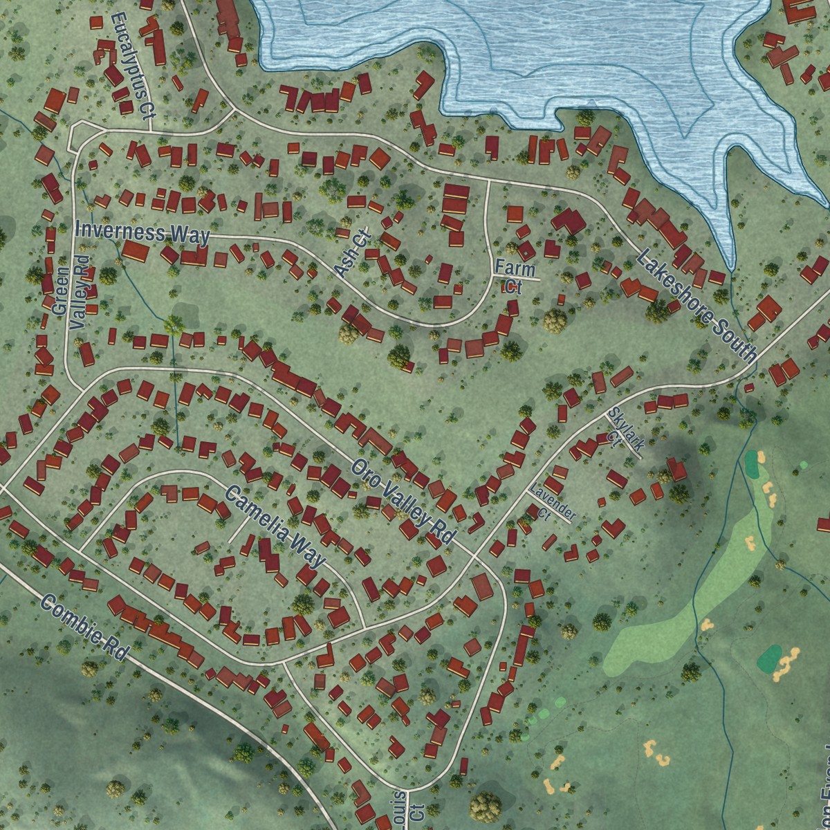 Second close-up of the map of Lake of the Pines, California print showing more streets and buildings