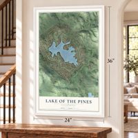 Lake of the Pines, California map, 24 x 36 inch print in a white frame by a staircase