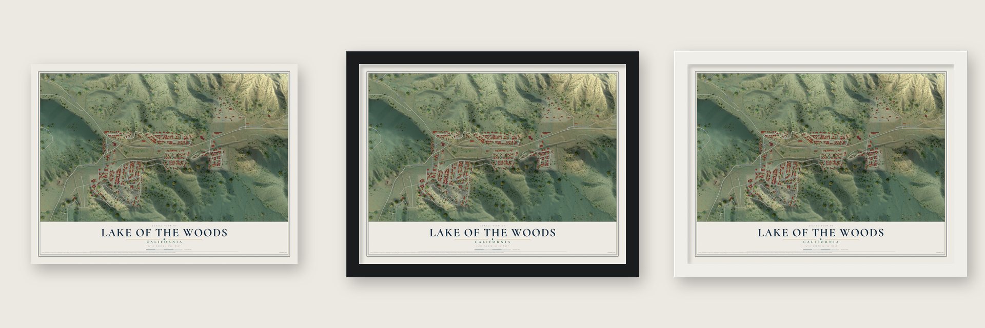 Lake of the Woods, California map unframed, in a black wood frame and in a white wood frame