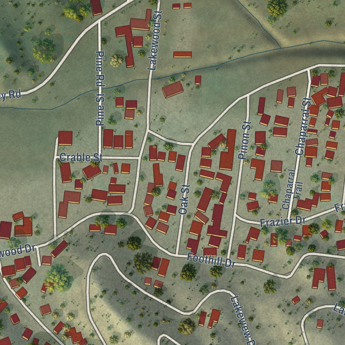 Second close-up of the map of Lake of the Woods, California print showing more streets and buildings