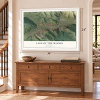 Lake of the Woods, California map, 24 x 36 inch print in a white frame above a dresser by a staircase