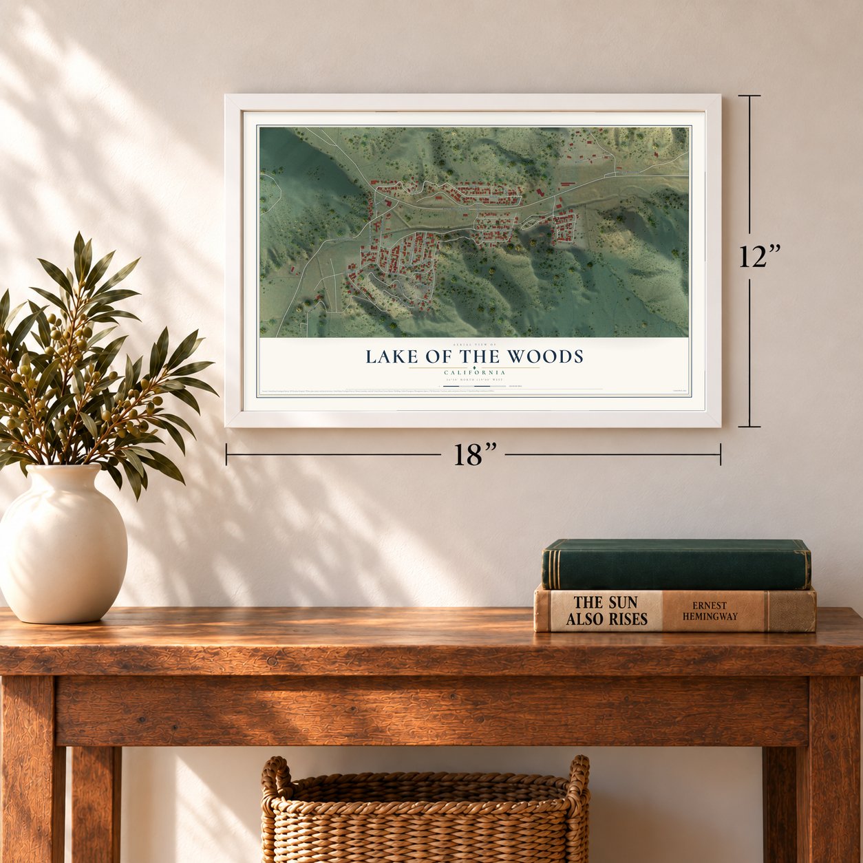 Lake of the Woods, California map, 12 x 18 inch print in a white frame in an entryway