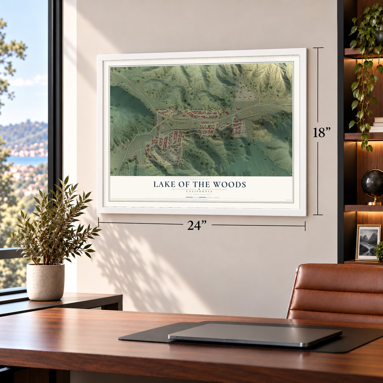 Lake of the Woods, California map, 18 x 24 inch print in a white frame in a home office