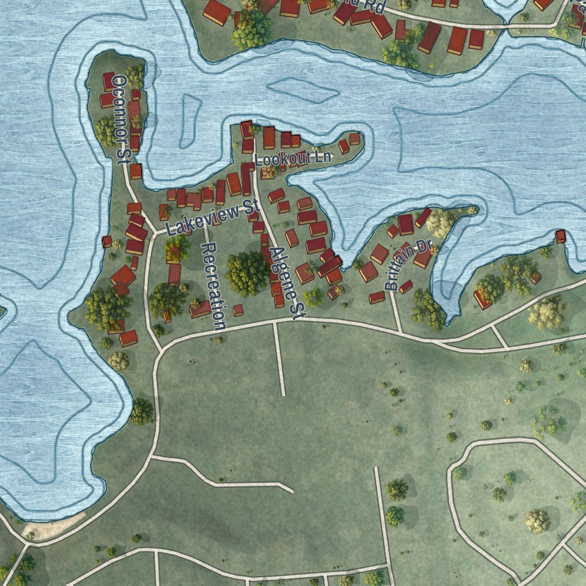 Second close-up of the map of Lake Orion, Michigan print showing more streets and buildings