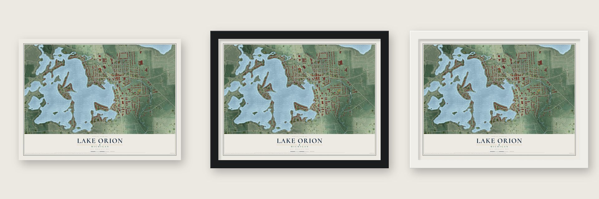 Lake Orion, Michigan map unframed, in a black wood frame and in a white wood frame