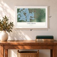 Lake Orion, Michigan map, 12 x 18 inch print in a white frame in an entryway