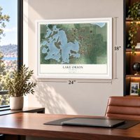 Lake Orion, Michigan map, 18 x 24 inch print in a white frame in a home office