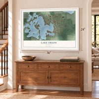 Lake Orion, Michigan map, 24 x 36 inch print in a white frame above a dresser by a staircase
