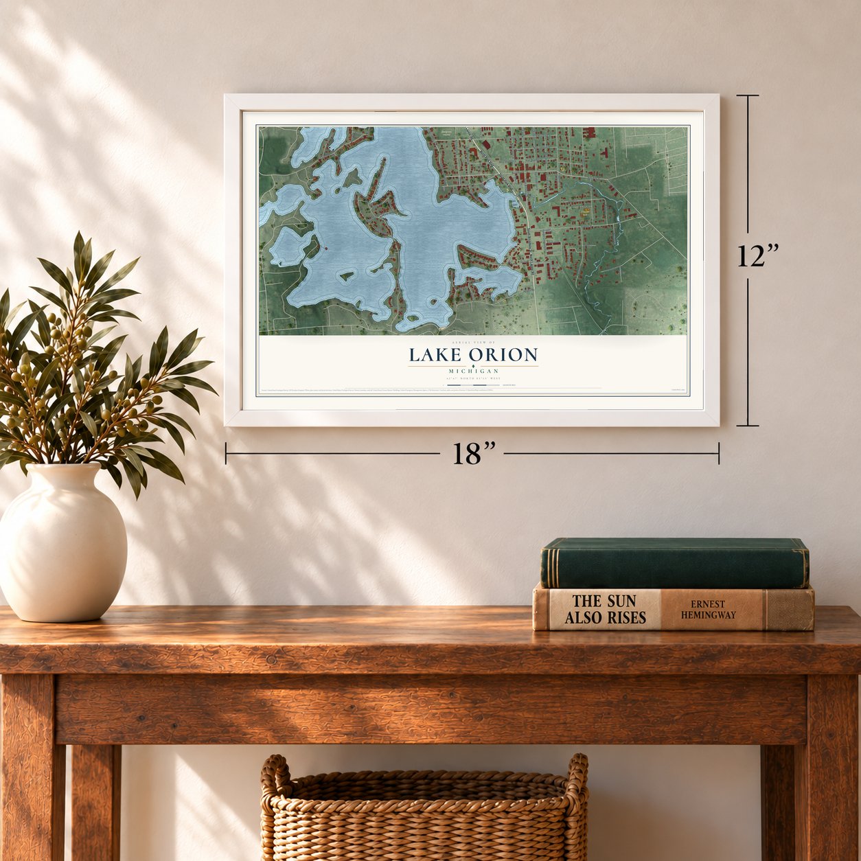 Lake Orion, Michigan map, 12 x 18 inch print in a white frame in an entryway