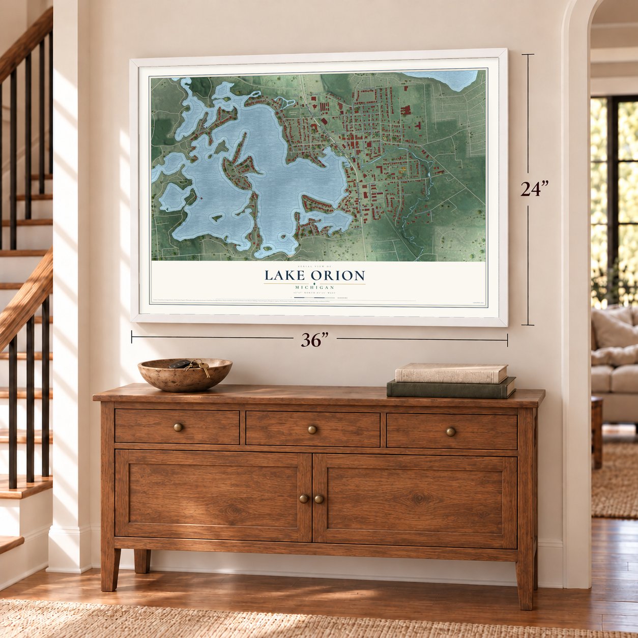 Lake Orion, Michigan map, 24 x 36 inch print in a white frame above a dresser by a staircase