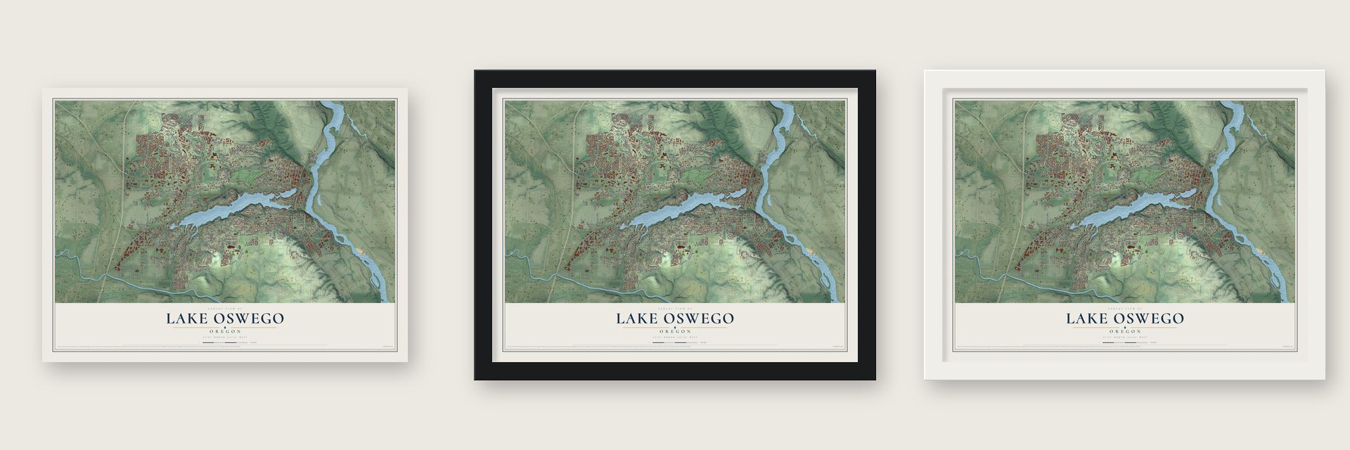 Lake Oswego, Oregon map unframed, in a black wood frame and in a white wood frame