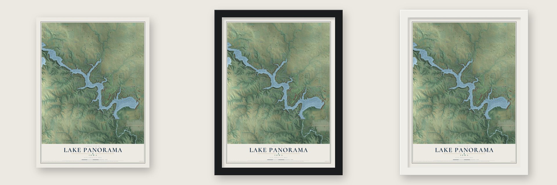 Lake Panorama, Iowa map unframed, in a black wood frame and in a white wood frame