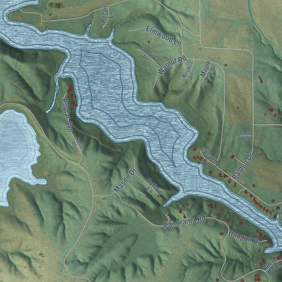 Second close-up of the map of Lake Panorama, Iowa print showing more streets and buildings