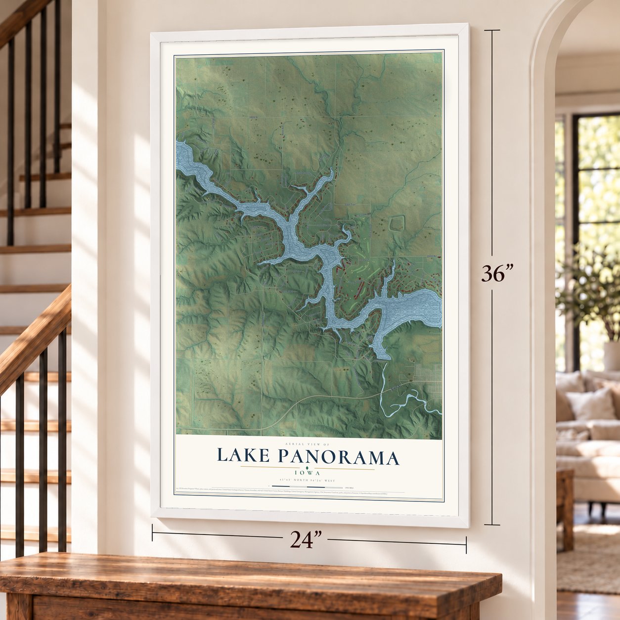 Lake Panorama, Iowa map, 24 x 36 inch print in a white frame by a staircase