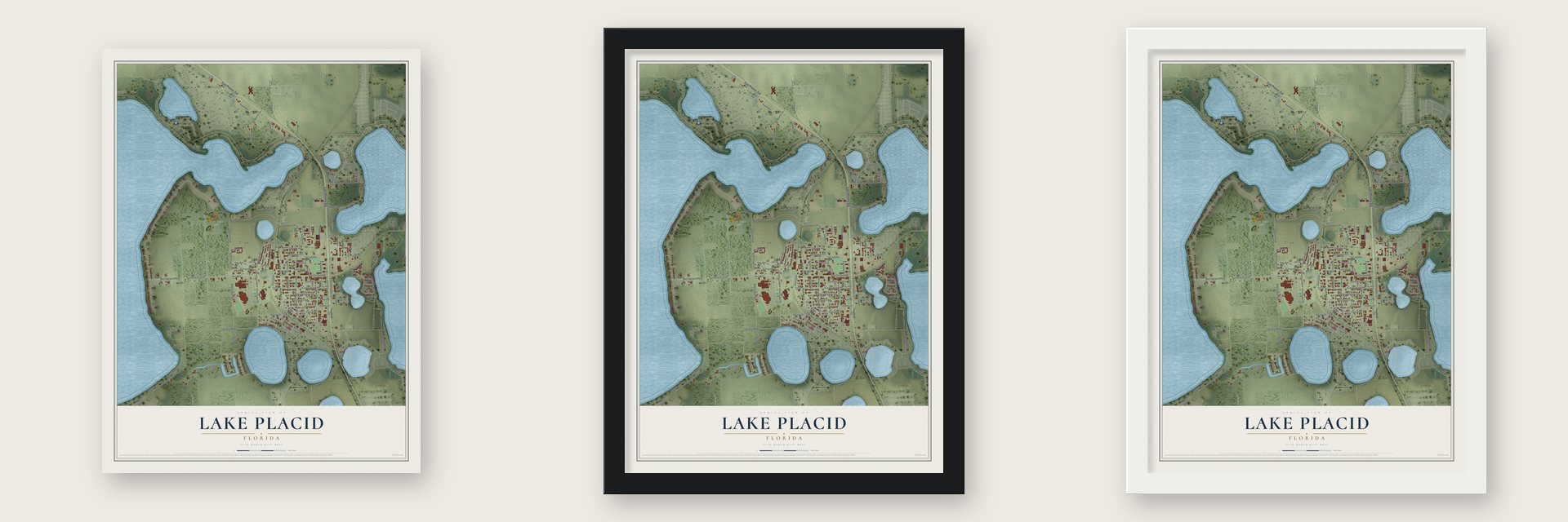 Lake Placid, Florida map unframed, in a black wood frame and in a white wood frame