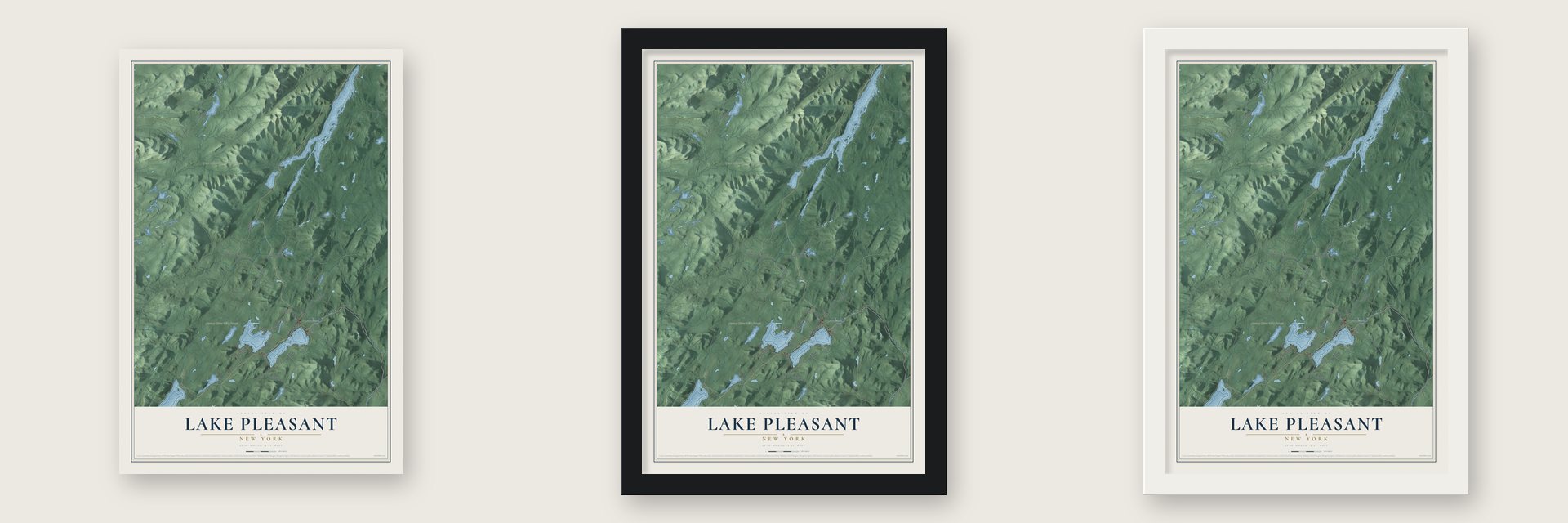 Lake Pleasant, New York map unframed, in a black wood frame and in a white wood frame