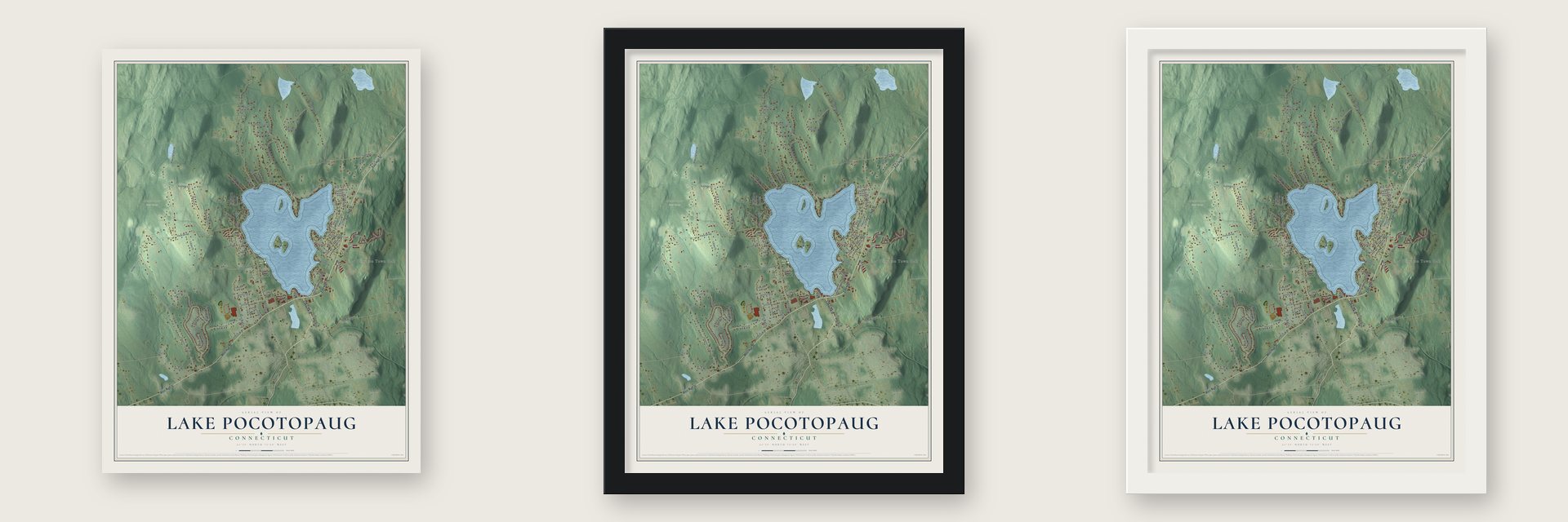 Lake Pocotopaug, Connecticut map unframed, in a black wood frame and in a white wood frame