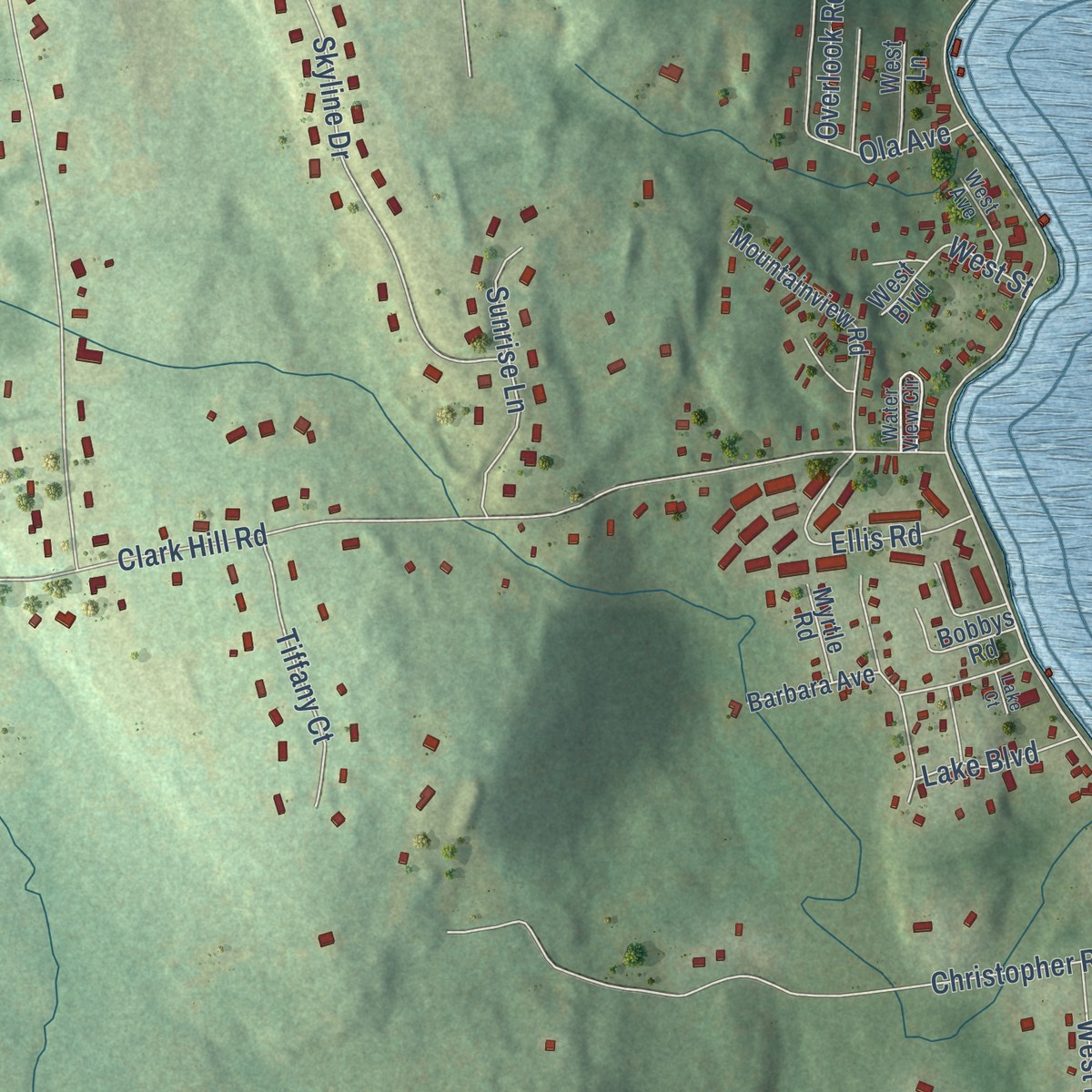 Second close-up of the map of Lake Pocotopaug, Connecticut print showing more streets and buildings