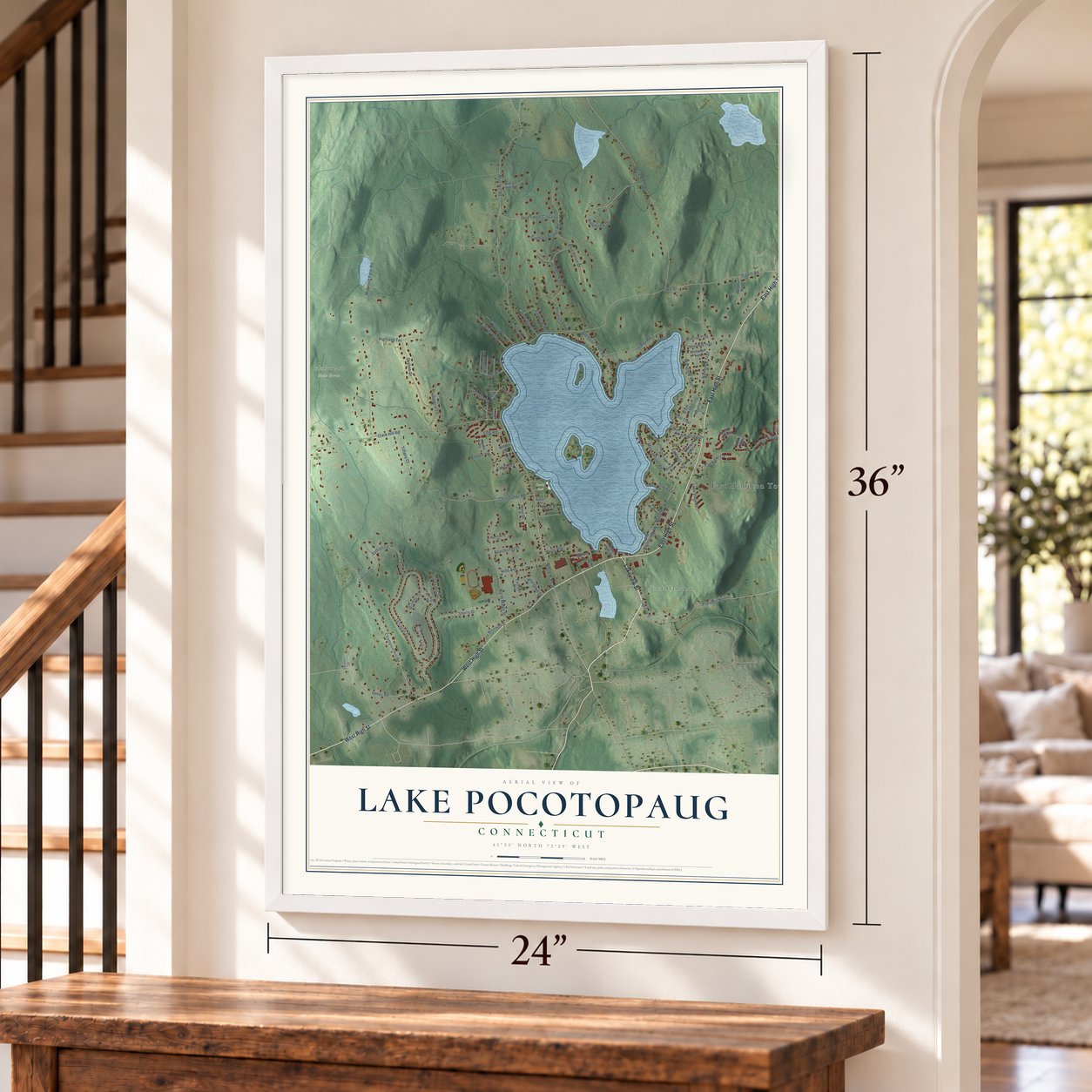 Lake Pocotopaug, Connecticut map, 24 x 36 inch print in a white frame by a staircase