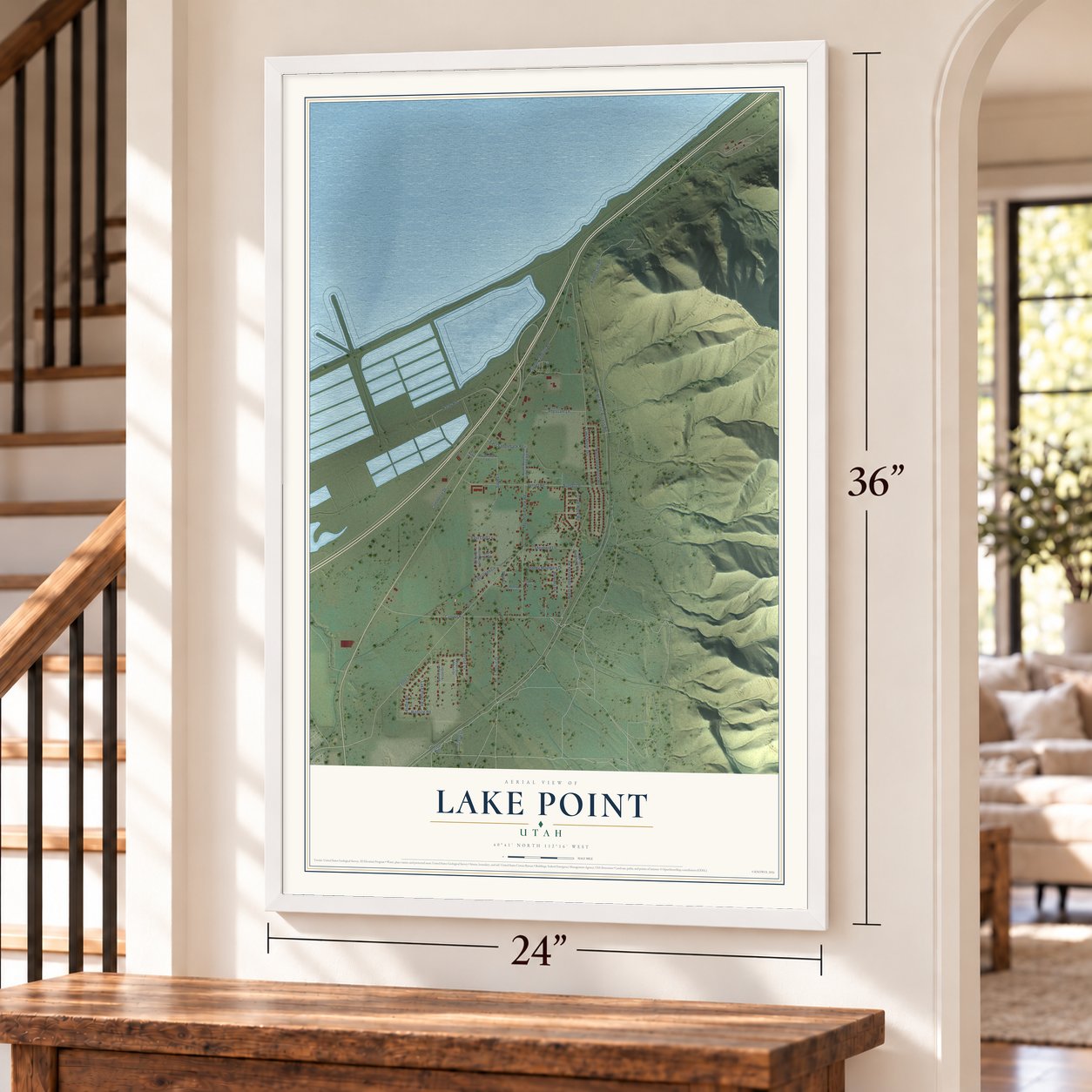 Lake Point, Utah map, 24 x 36 inch print in a white frame by a staircase