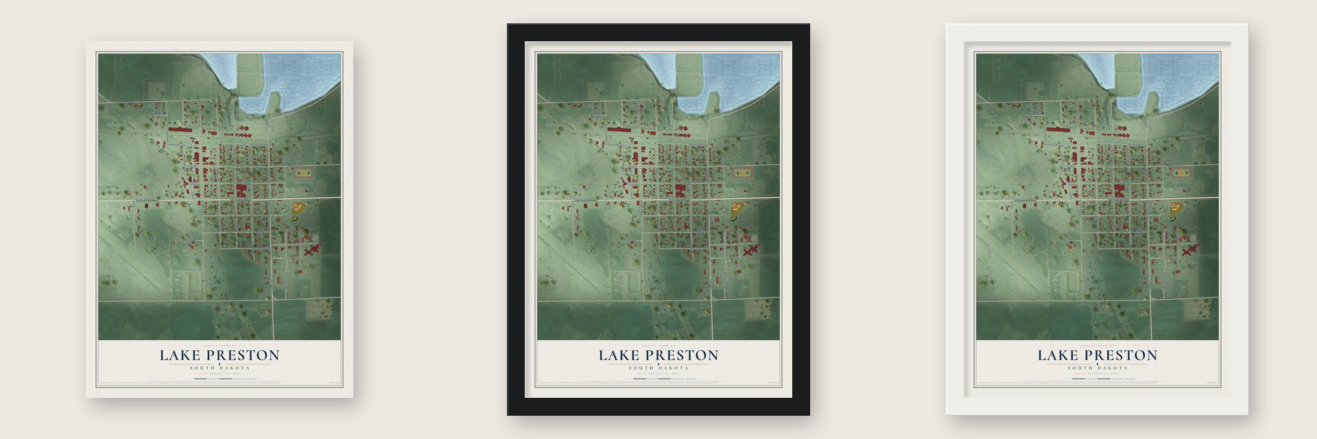 Lake Preston, South Dakota map unframed, in a black wood frame and in a white wood frame