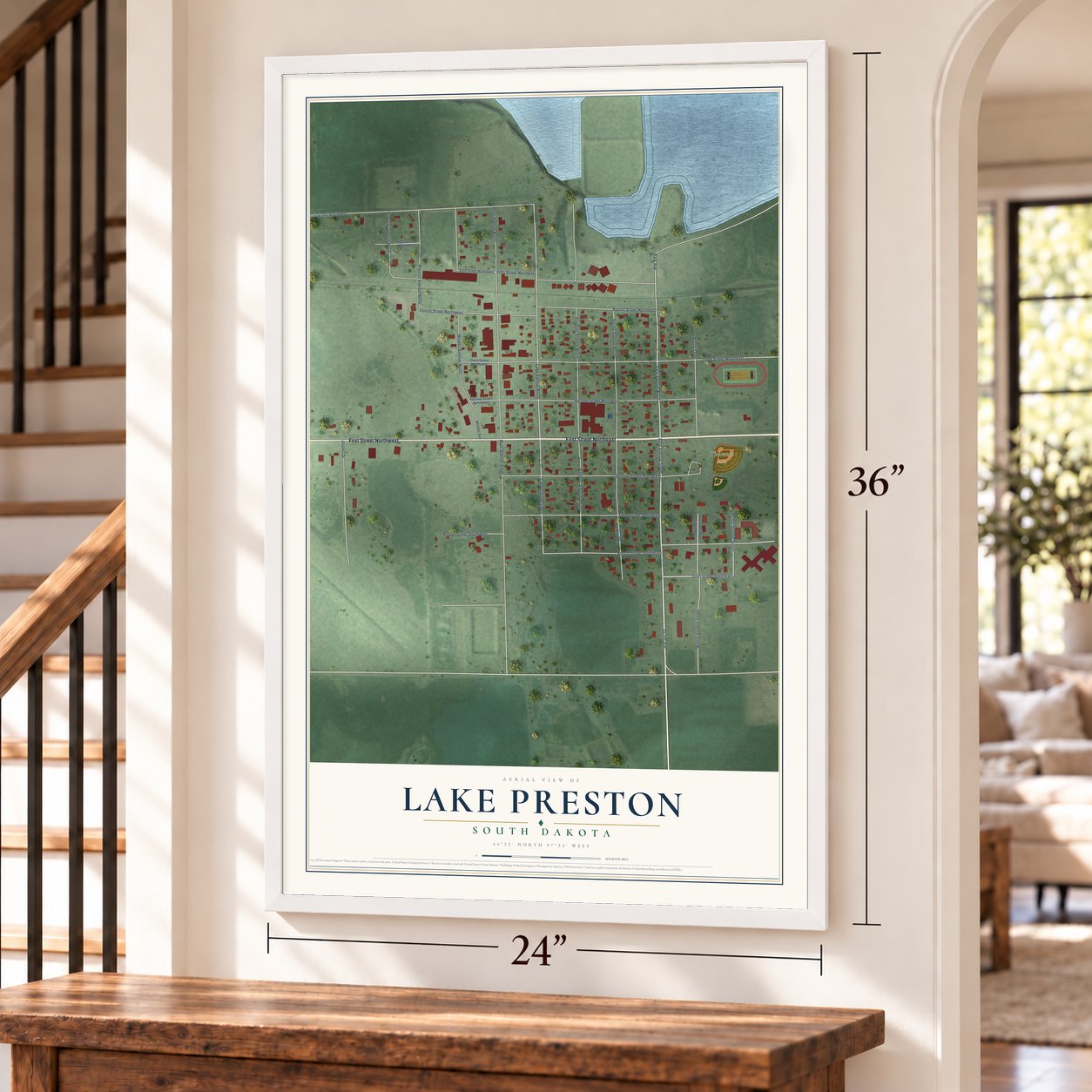 Lake Preston, South Dakota map, 24 x 36 inch print in a white frame by a staircase