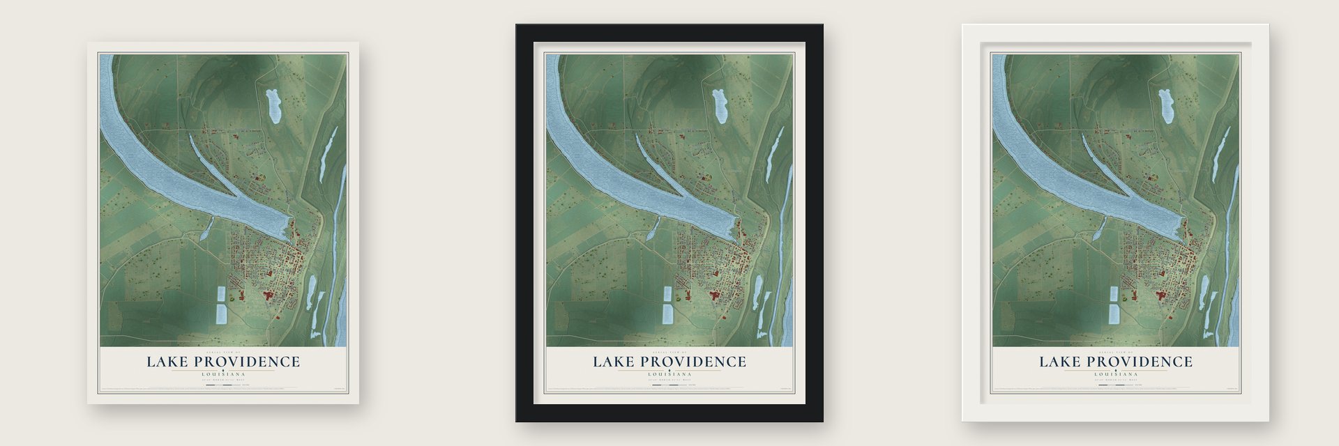 Lake Providence, Louisiana map unframed, in a black wood frame and in a white wood frame
