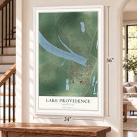 Lake Providence, Louisiana map, 24 x 36 inch print in a white frame by a staircase