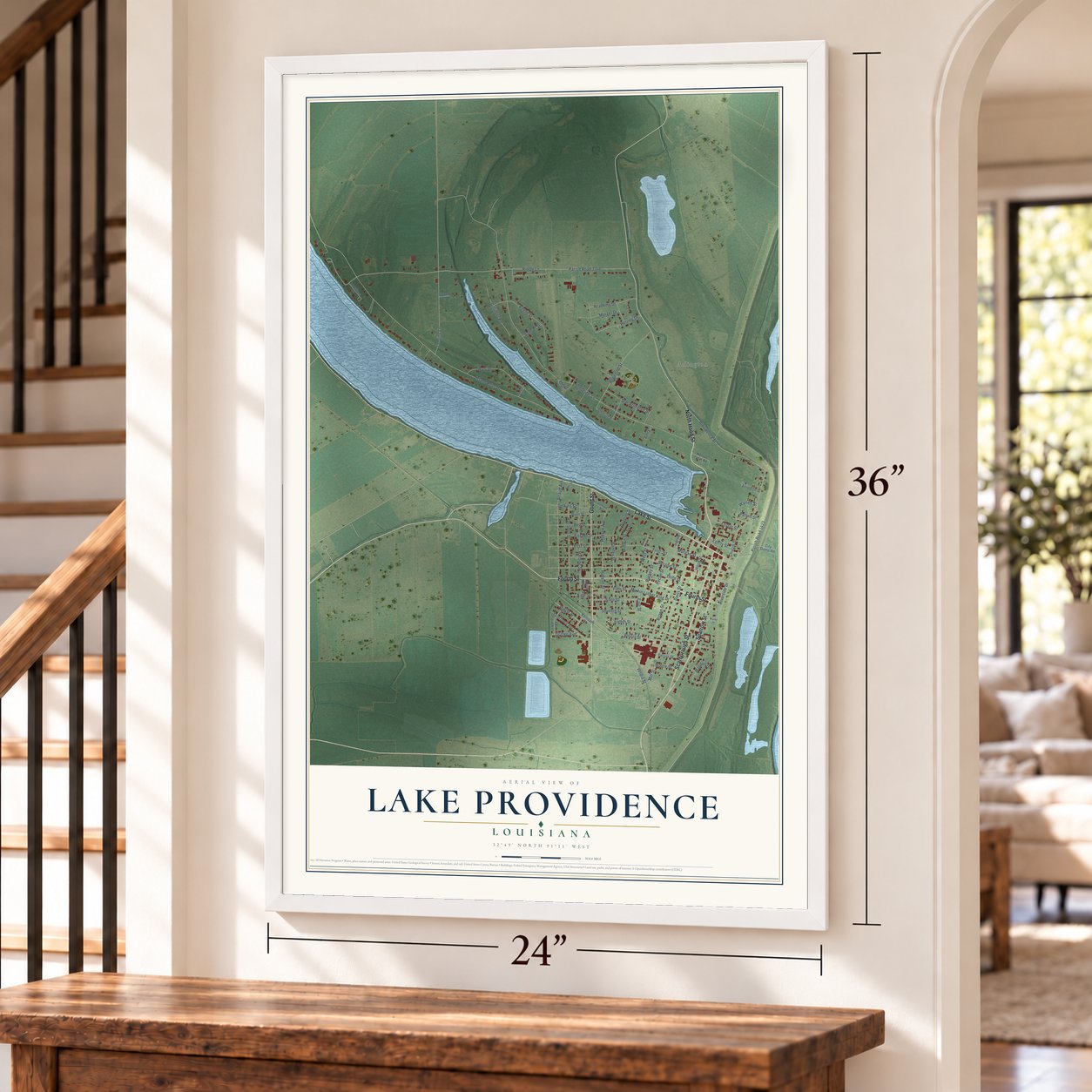 Lake Providence, Louisiana map, 24 x 36 inch print in a white frame by a staircase