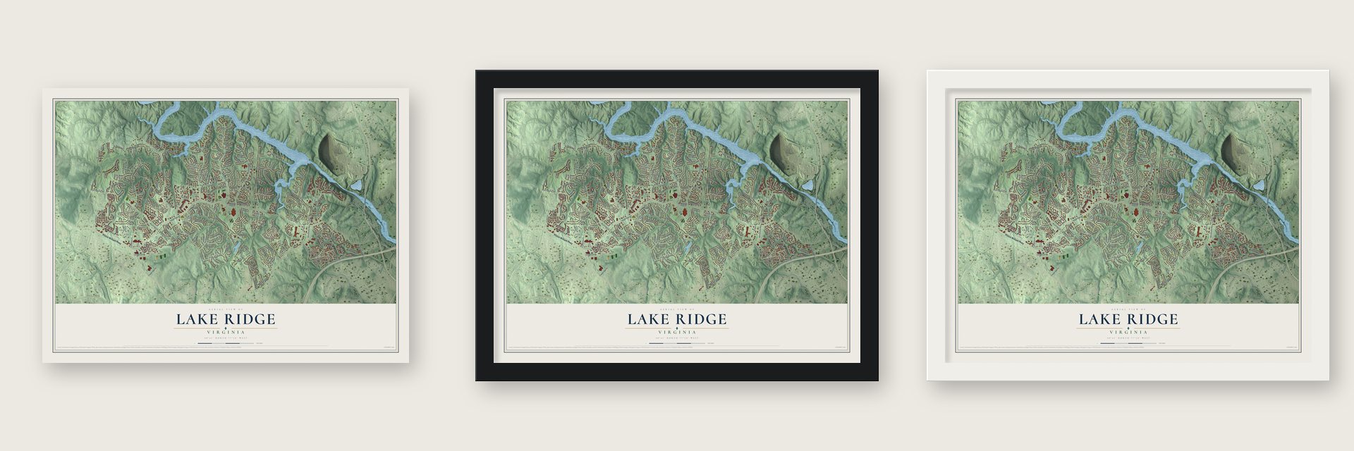 Lake Ridge, Virginia map unframed, in a black wood frame and in a white wood frame