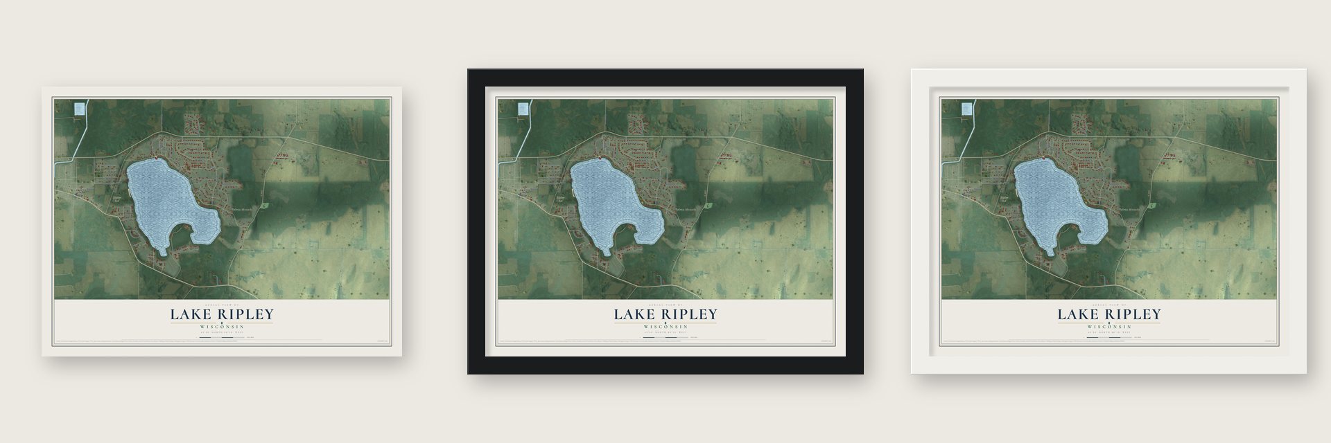 Lake Ripley, Wisconsin map unframed, in a black wood frame and in a white wood frame
