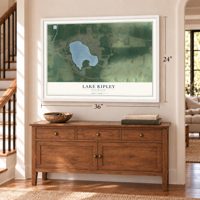 Lake Ripley, Wisconsin map, 24 x 36 inch print in a white frame above a dresser by a staircase