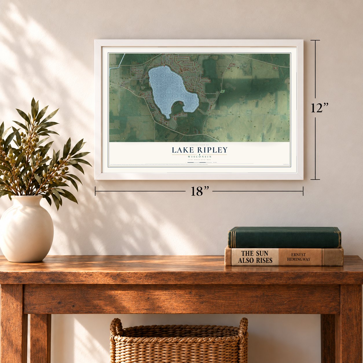 Lake Ripley, Wisconsin map, 12 x 18 inch print in a white frame in an entryway