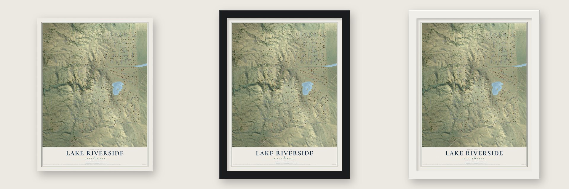 Lake Riverside, California map unframed, in a black wood frame and in a white wood frame