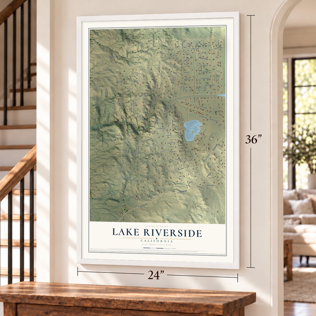 Lake Riverside, California map, 24 x 36 inch print in a white frame by a staircase