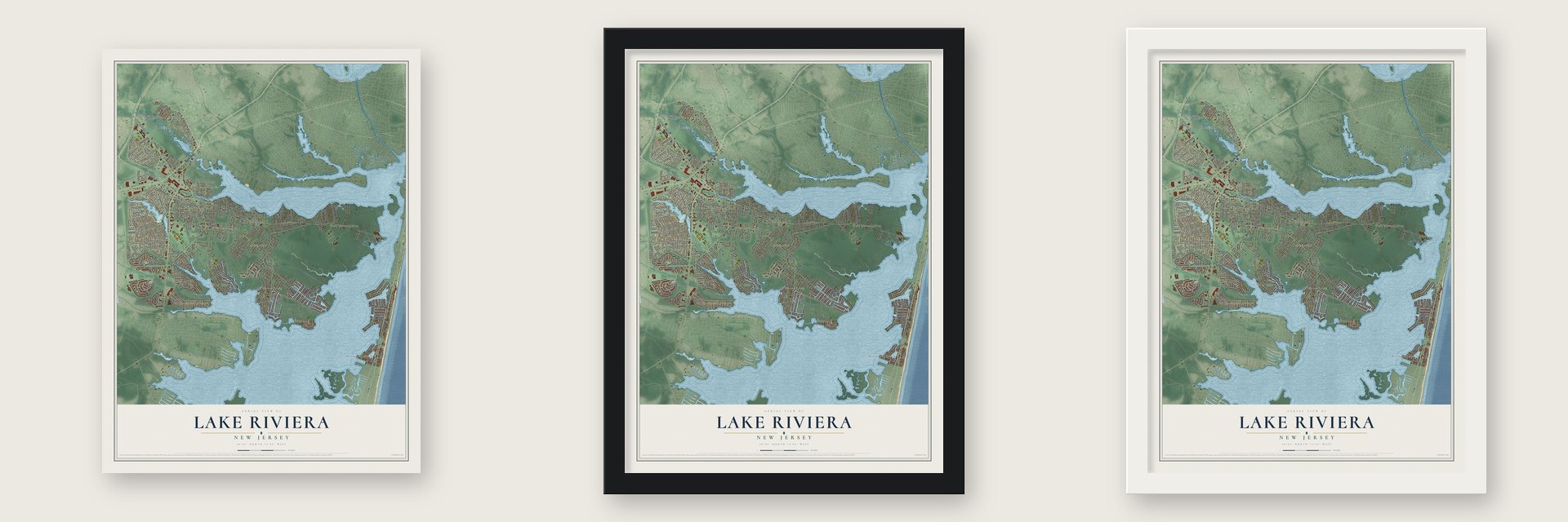 Lake Riviera, New Jersey map unframed, in a black wood frame and in a white wood frame