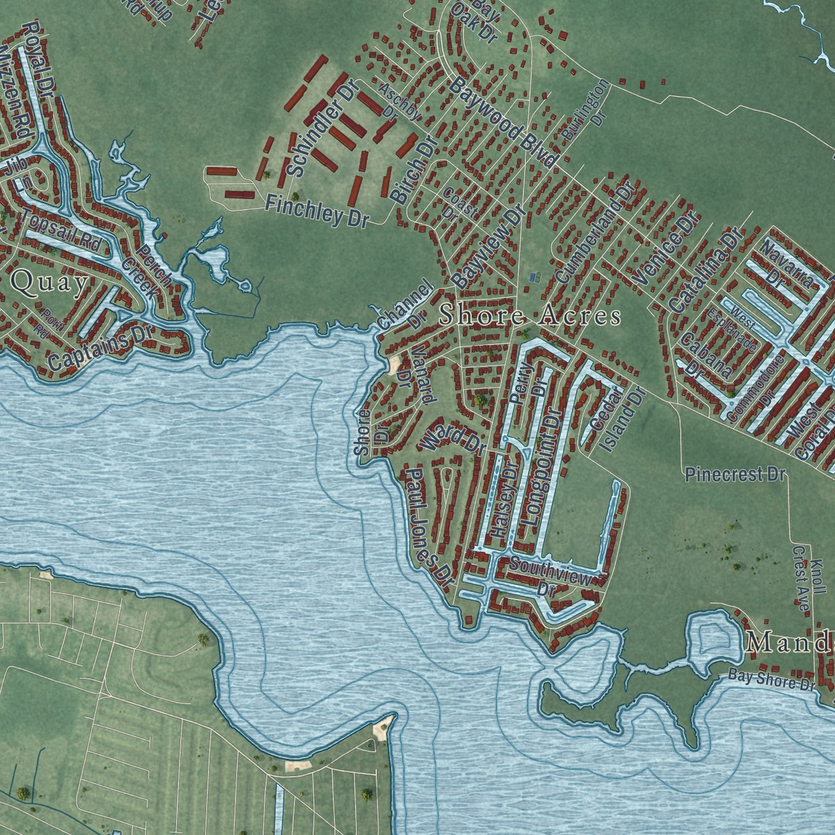 Second close-up of the map of Lake Riviera, New Jersey print showing more streets and buildings